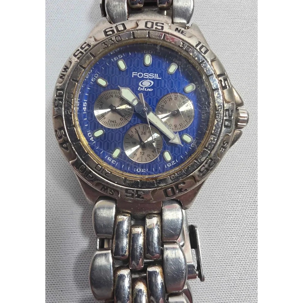 Vintage Fossil Blue Men's Watch Stainless Steel Quartz BQ-8795 W 40mm - Running